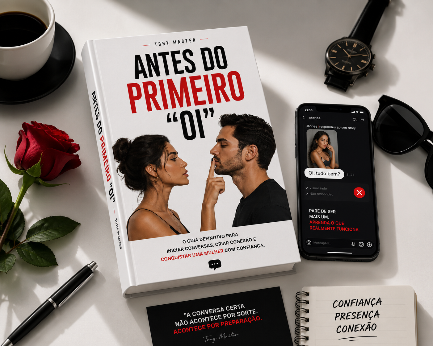 Mockup do livro Antes do Primeiro Oi sobre mesa com rosa, café e relógio